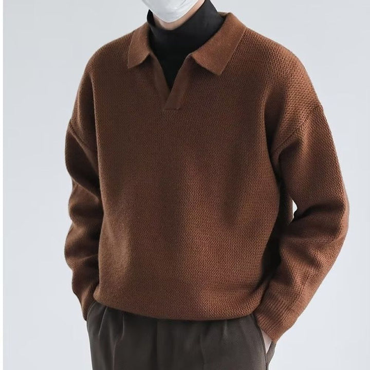 Mens Casual Long Sleeve Lapel Knitted Sweater