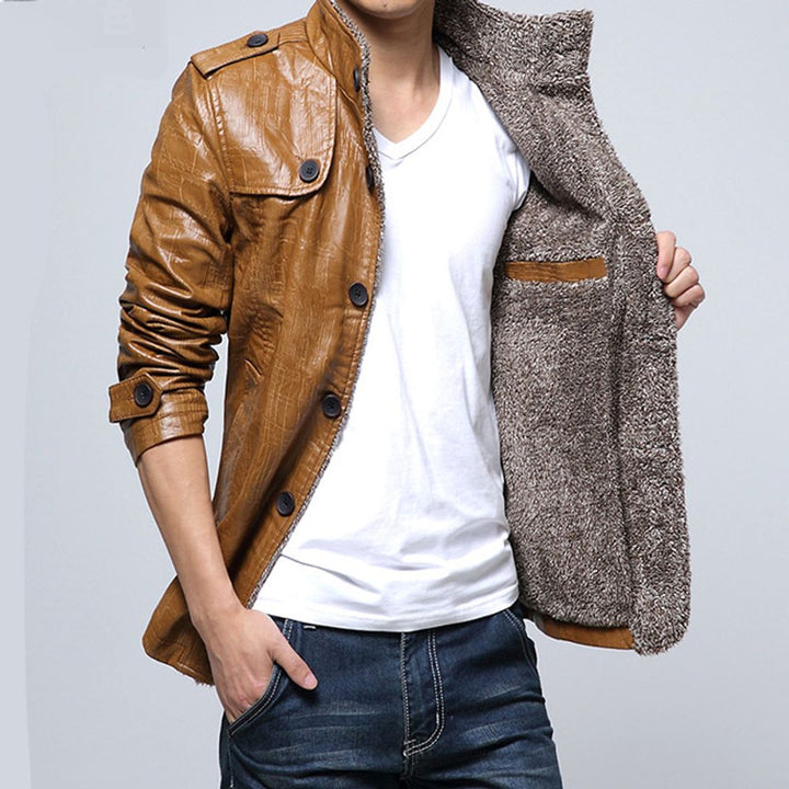Mens Leather Plush Warm Mid Long Jacket